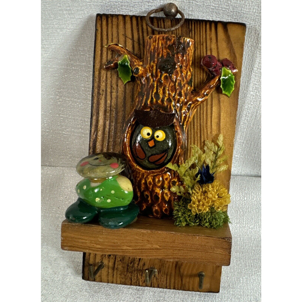 Rock Owl Tree 3 -Key Holder 6" tall Wooden 1980s Vintage Rare from Germany